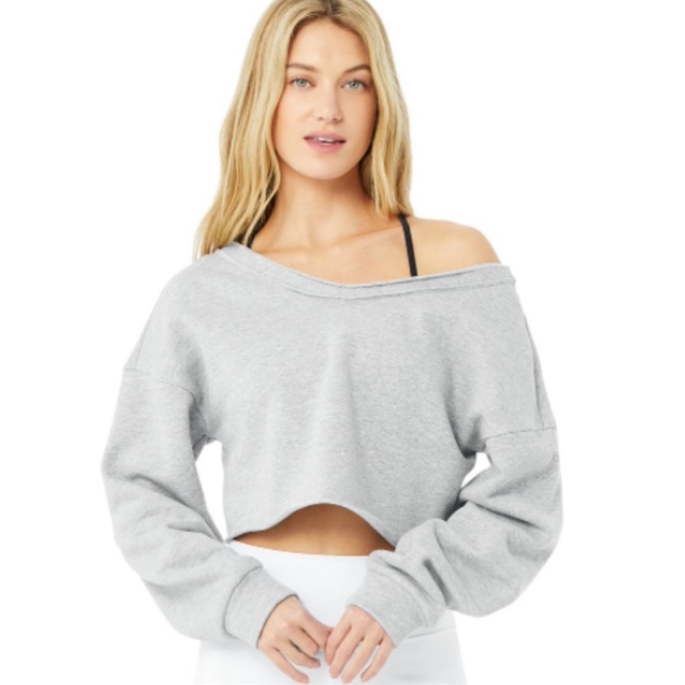 ALO Yoga Prima Off The Shoulder Pullover Dove Grey - Picture 2 of 9